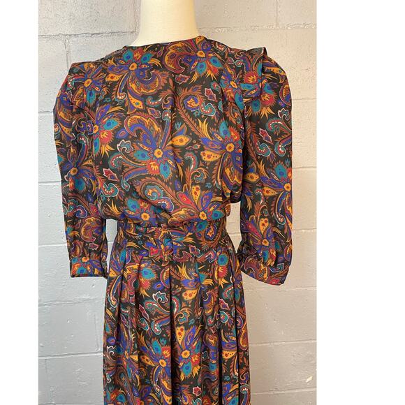 Vintage 1980s Sheer Floral Psychedelic Paisley Blouson Midi Dress Shirt Dress SM - Picture 2 of 10